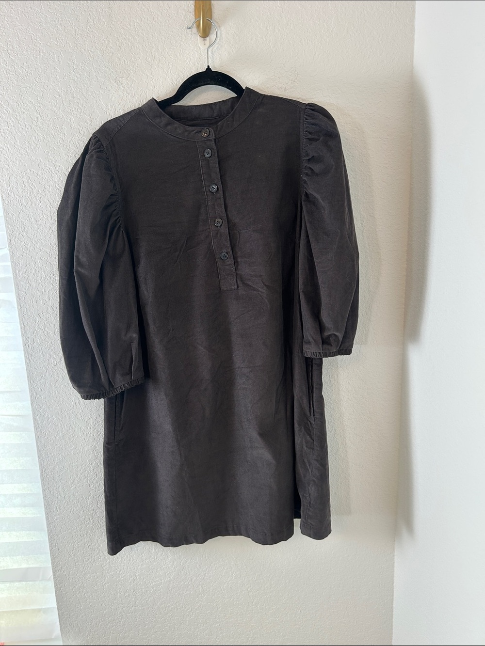 Gap Dark Brown Button Front Puff Sleeve corduroy Dress cotton cottagecore M